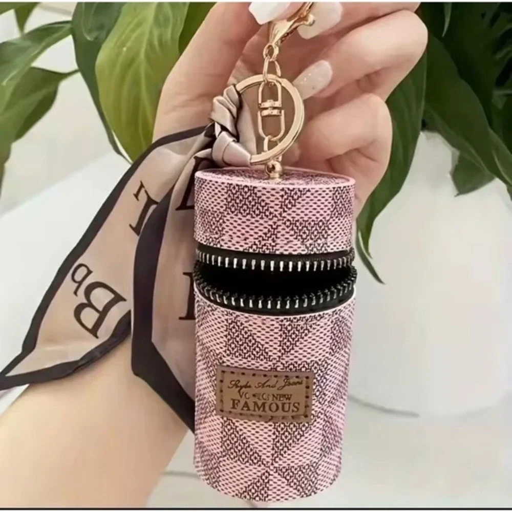 Checkered Cylinder Lipstick Holder Keychain Purse with Scarf Accent  Charm